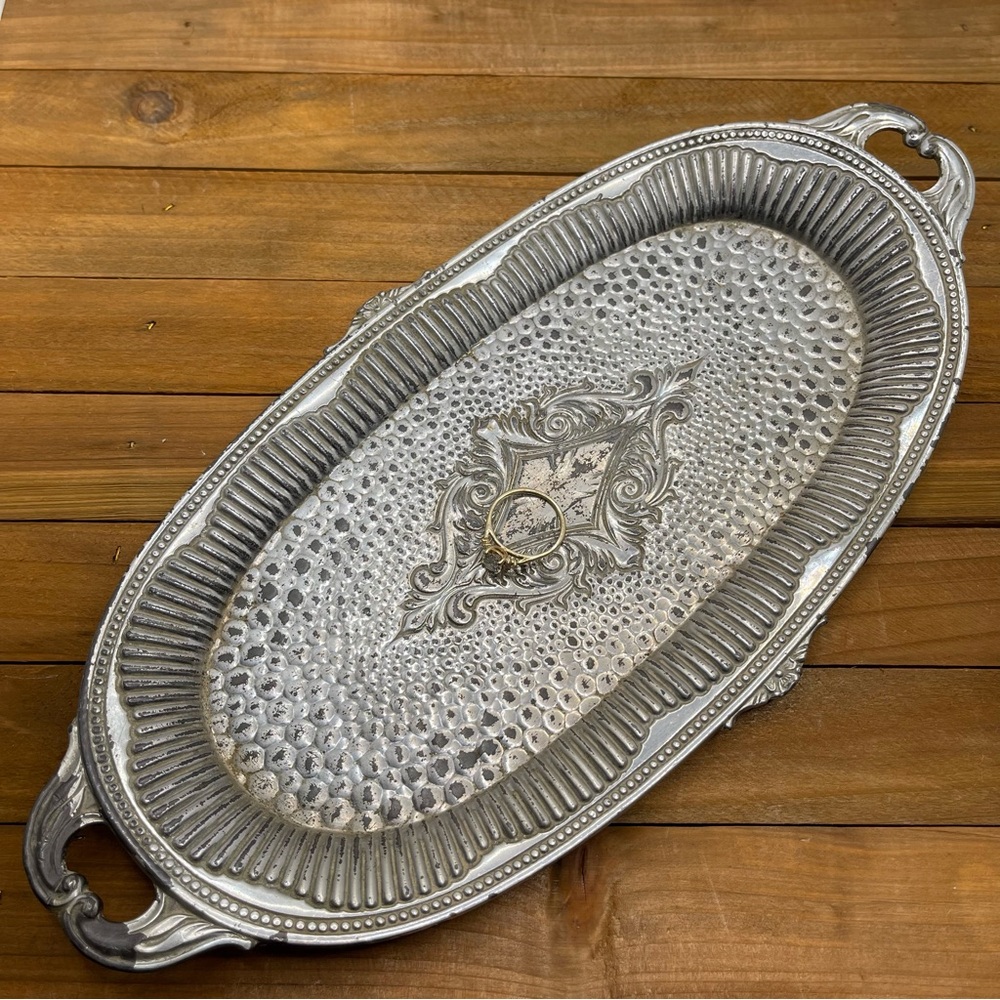 Vintage NK Japan Silver Oval Tray Hammered Metal